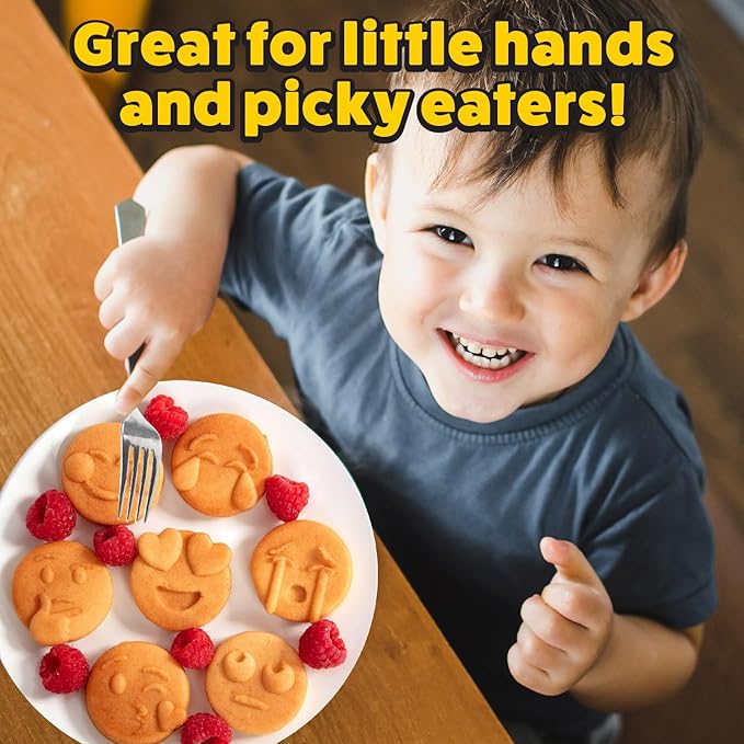 Mini Emojis Waffle Maker for Mother's Day Breakfast- Make 7 Unique Smiley Face Waffles Pancakes for Kids- Electric Non-Stick Iron Feat Kiss Face Heart Eyes & Smile w Recipe Guide- Licensed by Emoji