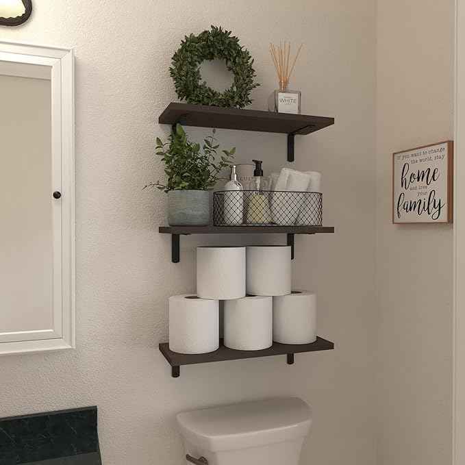 WOPITUES Wood Floating Shelves Set of 6, Shelves for Wall Decor, Farmhouse Shelf for Bedroom, Bathroom Storage Shelves, Book Shelves for Living Room, Dark Brown