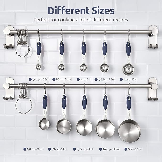 U-Taste 18/8 Stainless Steel Measuring Cups and Spoons Set of 10, and 18/8 Stainless Steel Square Measuring Spoons Set of 8 (Midnight Blue+Silver)