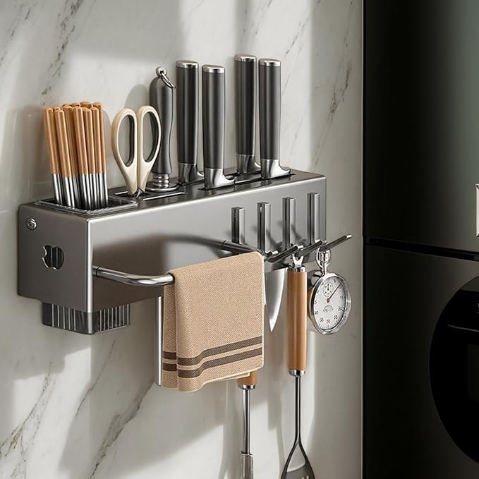 Utensil Holder – Kitchen Wall Organizer | No-Drilling Wall Mount Cutlery Storage Rack With Hooks, Towel Hanger For Spatula, Spoon, Mug & Kitchen Accessories Organization And Space Saving