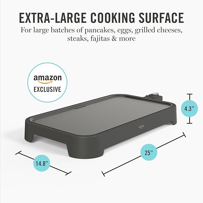 Martha Stewart 12” x 22” Electric Griddle, XL Ceramic Nonstick Flat Top Cooking Surface, Adjustable Temperature Dial, Drip Tray, Dishwasher Safe, 1500W Fast Even Heating, Pancakes & Eggs, Caviar Gray