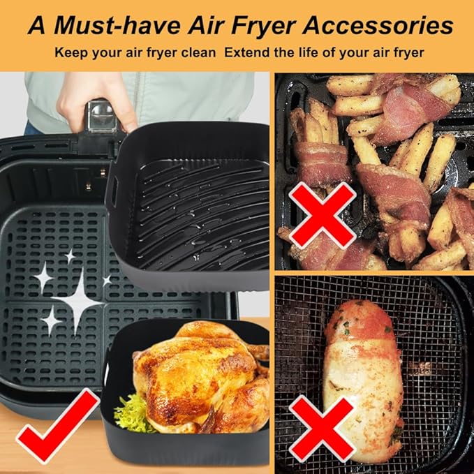 BYKITCHEN 9 Inch Square Silicone Air Fryer Liners for 6 to 8QT, Set of 2, Reusable Silicone Airfryer Tray Insert, Air Fryer Accessories for Corsori 6QT, Ninja Airfryer Pro XL 6.5QT, Gourmia & More