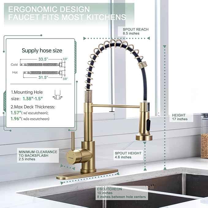 WEWE Brushed Gold Kitchen Faucet with Pull Down Sprayer, RV Brass Kitchen Faucet Stainless Steel Single Handle Spring Faucet with Deck Plate for Farmhouse Utility bar Laundry Sinks