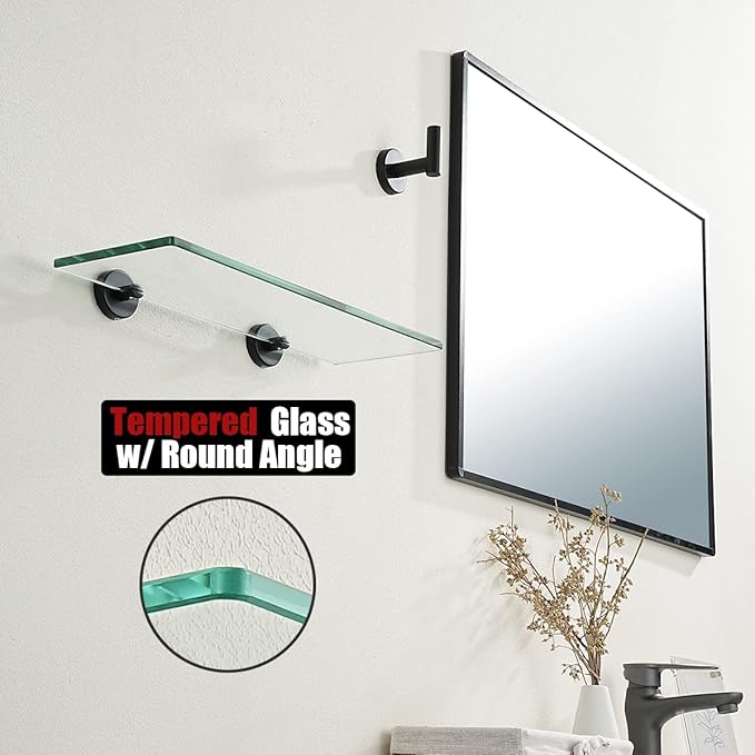 JQK Bathroom Glass Shelf Black, Tempered Glass Shower Storage 14 by 5 inches, 304 Stainless Steel Matte Black Wall Mount, TGS101L14-PB