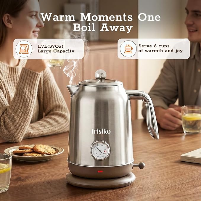 Trisiko® 1.7L Large Electric Kettle with Thermometer,57.oz Electric Tea kettle with Automatically Shut Off,304 Stainless Steel,1200W Hot Water Kettle Electric for Coffee&Tea (Chrome)