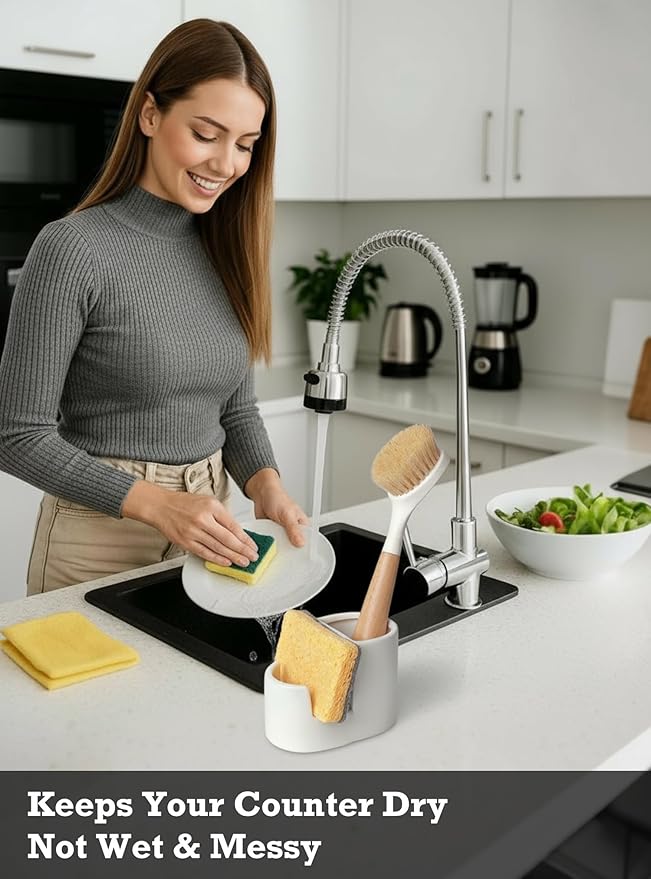 Ceramic Sponge Holder for Kitchen Sink, 2-in-1 Sponge & Brush Organizer, Compact Countertop Sink Caddy with Raised Edge to Catch Drips, Keeps Countertops Dry, Dishwasher Safe, Rustproof, White
