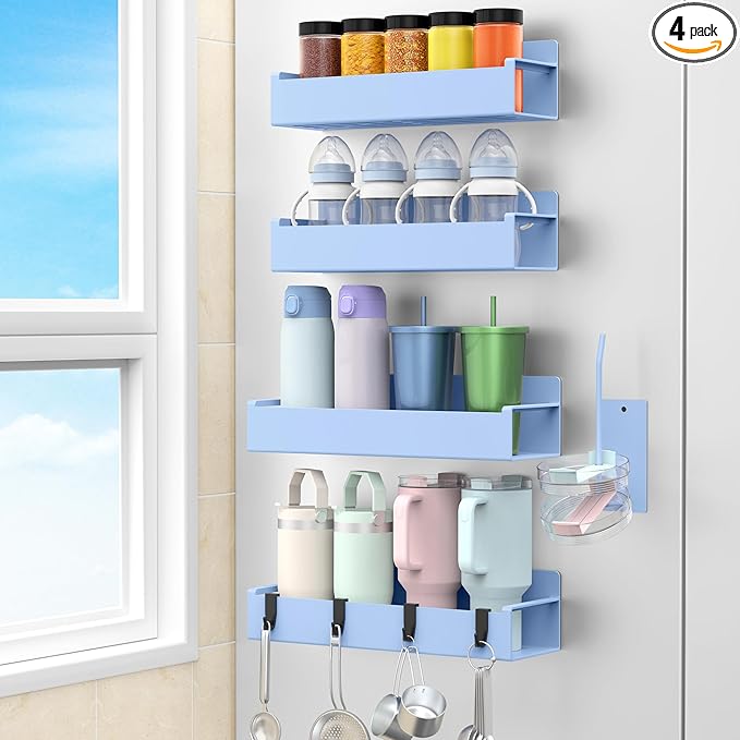 Magnetic Water Bottle Holder for Refrigerator, Cup Holder Organizer for Stanley and Tumbler for Kitchen, 4 Pack, Light Blue
