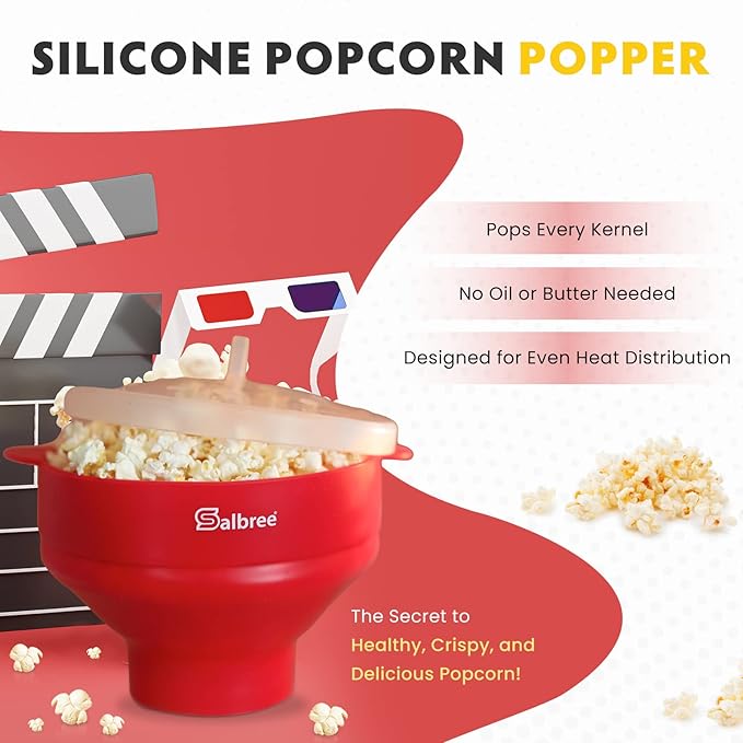 The Original Salbree Microwave Popcorn Popper Machine, Silicone Popcorn Maker, Collapsible Microwavable Bowl - Hot Air Popper - No Oil Required - The Most Colors Available (Black)