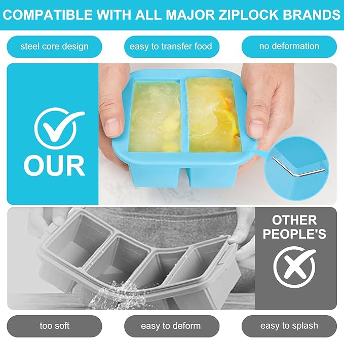 Silicone Freezer Tray with Lid 4 Pack Silicone Freezer Molds Ice Cube Tray Makes 8 Perfect 1 Cup Portions Soup Cubes Meal Prep Containers- Oven & Dishwasher Safe