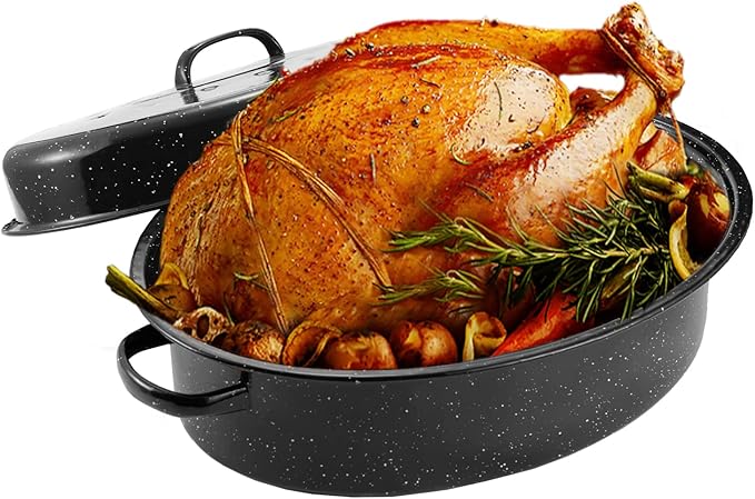 JY COOKMENT 19" Enameled Oval Roasting Pan with Domed Lid - Great for Roasting Turkey, Chicken, Lamb, Vegetables - Dishwasher Safe, Fits 20lb Turkey