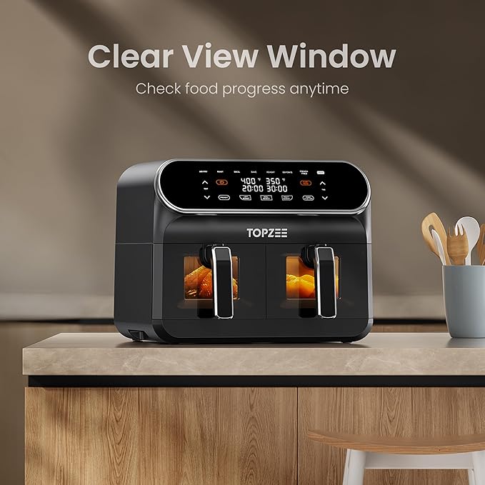 TOPZEE 8 Quart Large Air Fryer - Dual Basket Airfryer with Easy View Windows, Preheat, Air Fry, Roast, Broil, Bake, Dehydrate, 2 Independent 4 QT Nonstick Dishwasher Safe Baskets, Black