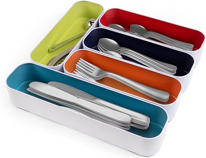Three by Three Seattle 5-Piece Metal Stacking Drawer Organizers – Large, 2" Deep, Food-Safe – Stylish Kitchen Drawer Storage (Multi Color)