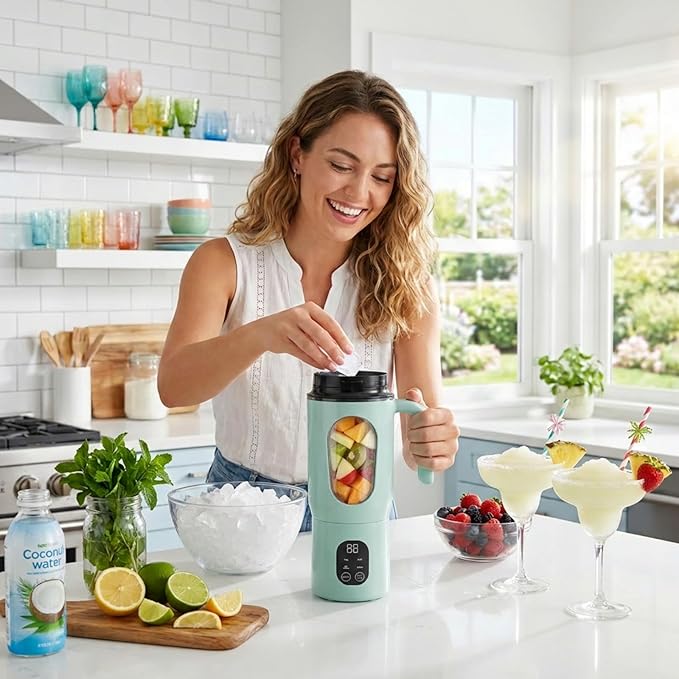 Portable Blender 12-Blades Portable Juicer for Smoothies, 580ml Rechargeable Personal Blenders with Handle & Extra Lid, USB-C Mini Blender Cup for Travel, Office, Gym, BPA-Free (Green)