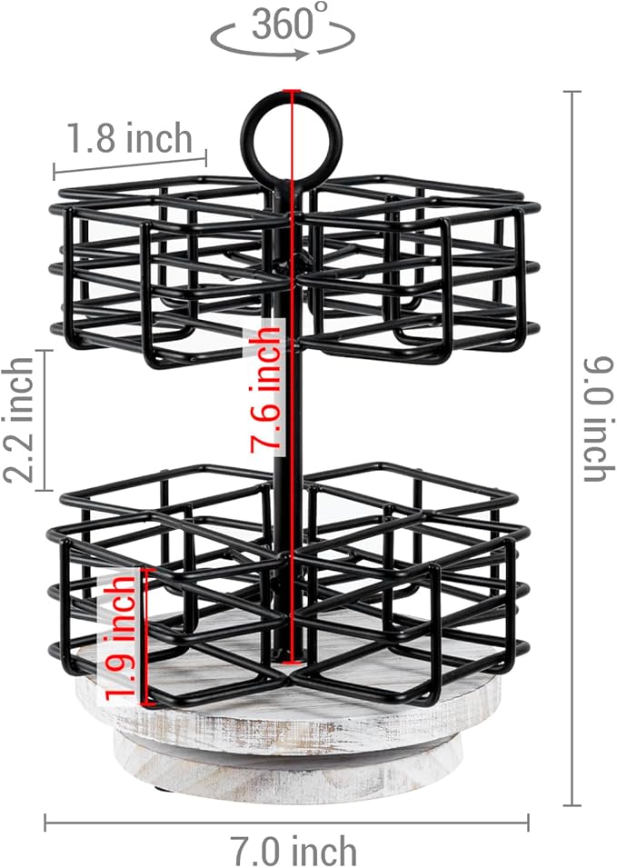 MyGift 8 Compartment Tea Bag Organizer Carousel, Black Metal Wire Packet Holder and 360 Degree Spinning White Washed Solid Wood Base, Coffee Station Storage Caddy