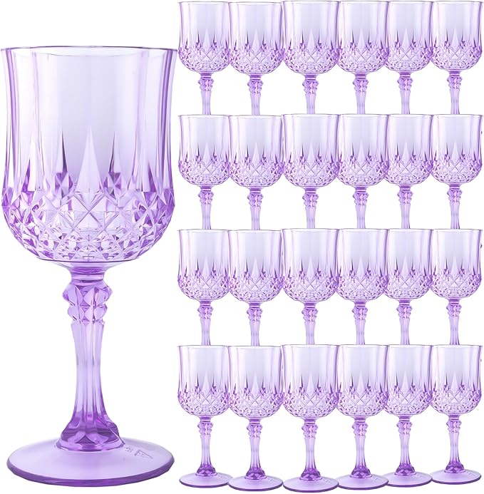 Plastic Wine Glasses, Plastic Goblets Vintage Style Cordial Unbreakable Drinking Glasses, Reusable Drinkware for Wedding Reception, Grand Event Party Supplies (24, Purple)