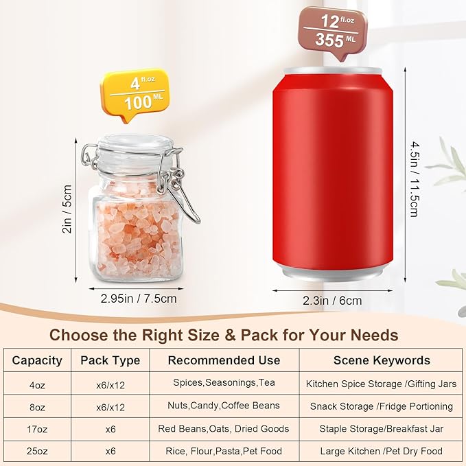 Spice Jars Set of 12, 4 oz Glass Spice Jars with Airtight Lids and Labels, Small Seasoning Jars for Spices, Herbs, Kitchen Spice Organizer