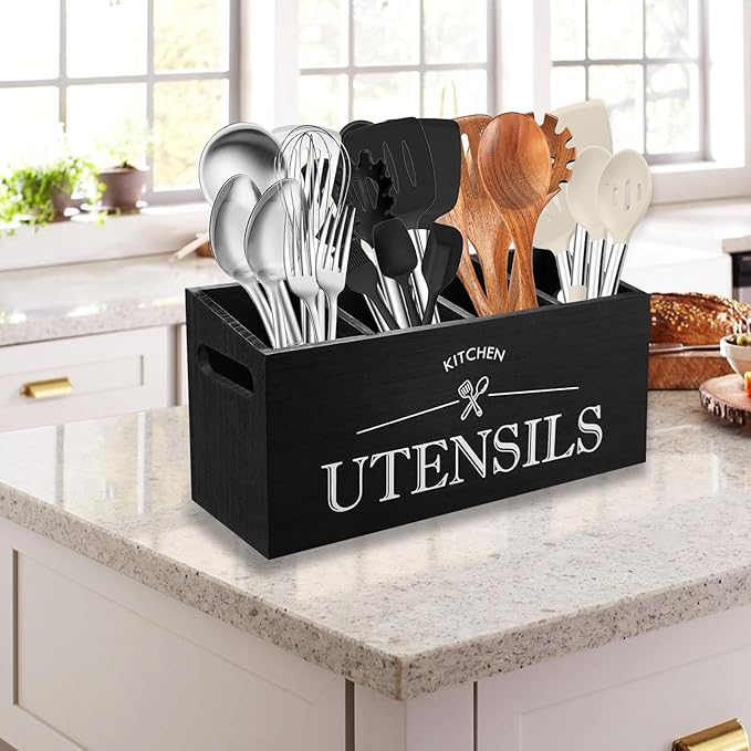 Kitchen Utensil Holder with 4 Compartments, Wooden Utensil Organizer for Countertop, Ideal for Storage and Organization, Rustic Cooking Utensil Kitchen Tool, Black