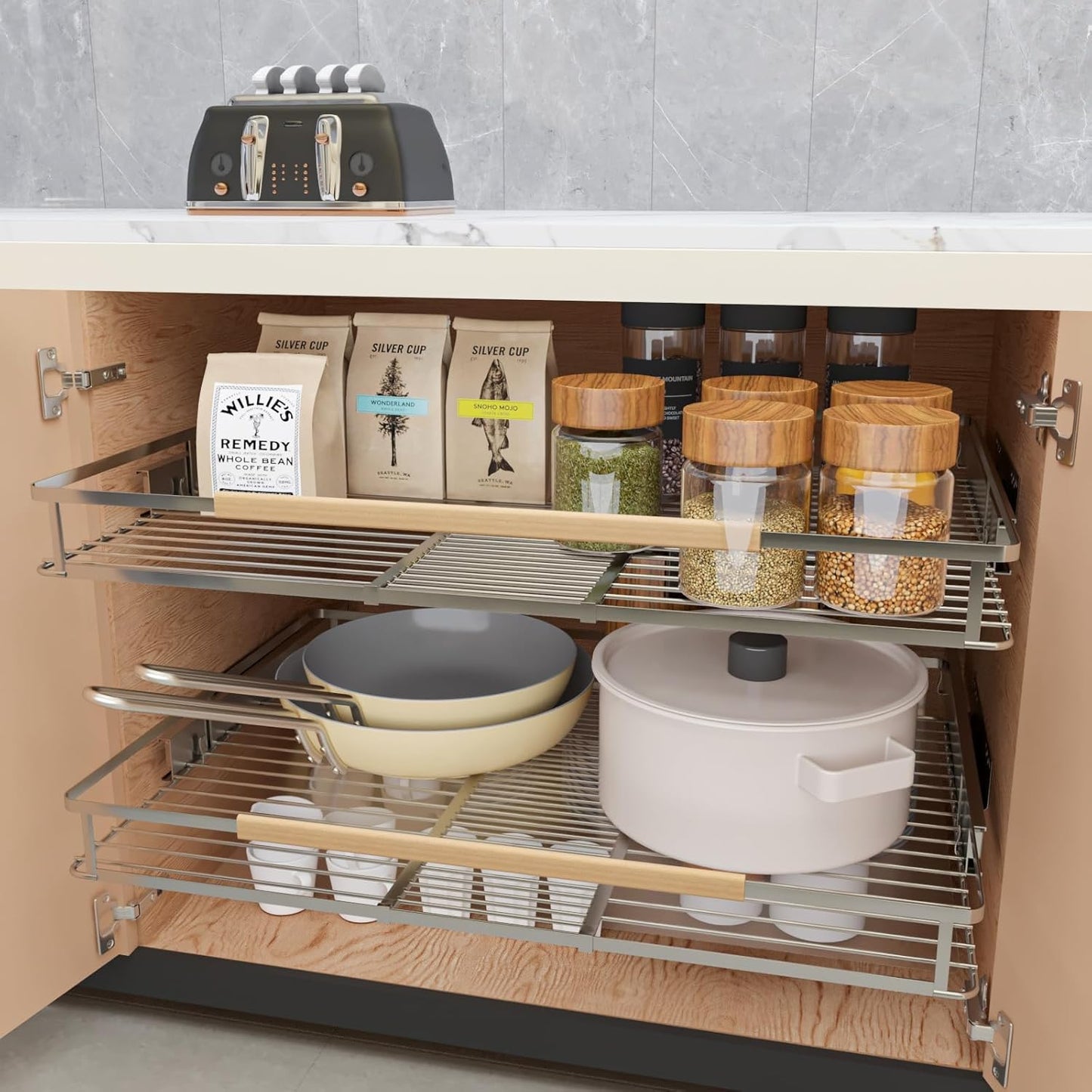 1Pack Expandable Pull Out Cabinet Organizer, Slide Out Drawers for Kitchen Cabinets, Heavy Duty Drawer Slides for Home Kitchen Pantry Cupboard Pots Pans, Adjustable Width 12.3"~18.5" W x 22.5''D