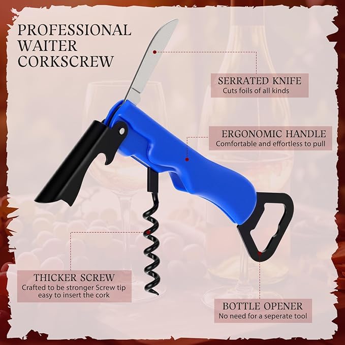 Hushee 24 Pcs Wine Opener Bulk with Foil Cutter Corkscrew Key 3 in 1 Red Bottle Opener Professional Stainless Steel Beer Corkscrew for Beverages Bartenders Summer Party (Black,Blue,Wine Red)