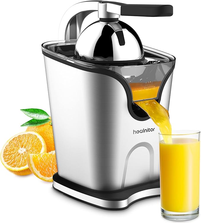 Healnitor 150W Electric Citrus Juicer Squeezer with 2 Cones, Stainless Steel Quiet Orange Juice Extractor Machines for Lime Grapefruit Lemon, Detachable Design