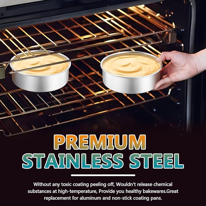 P&P CHEF 5 Inch Cake Pan Set of 2, Stainless Steel Round Baking Layer Cake Pans, Non Toxic & Healthy, Leak-proof & Easy Clean, Mirror Finish & Easy Releasing, Oven & Dishwasher Safe