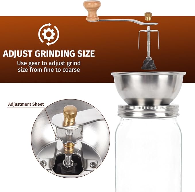 Mason Jar Coffee Grinder, Manual Coffee Grinder Lid Attachment for Wide Mouth Mason Jars, Stainless Steel Mason Jar Lid and Ceramic Burr,Ideal for Camping & Home Barista
