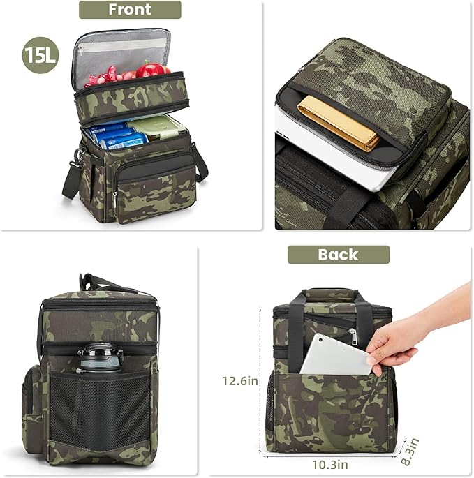 holuxer Insulated Lunch Bag & Lunch Box for Men - Double Deck Reusable Lunch Bag for Women Tote Cooler Bag Leakproof Soft Expandable - Large Lunchbox for Work/Adult/Picnic/Outdoor (Camo，15L)