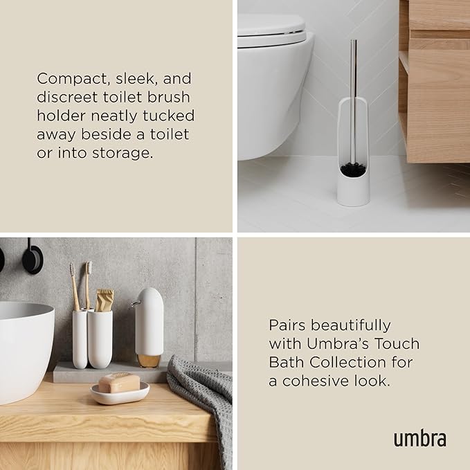 Umbra Touch Toilet Brush with Holder/Stand – Durable, Slim Cleaning Tool with Dense Bristles – Removes Stubborn Stains, White