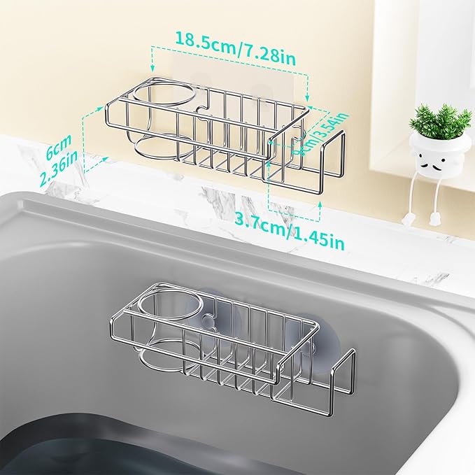 HapiRm Sink Caddy Sponge Holder - No Drill Sponge Caddy for Kitchen, Rustproof and Waterproof Kitchen Sink Organizer - Silver（2-Pack）