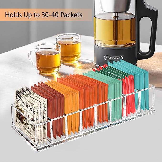 Tasybox Tea Bag Organizer, Clear Acrylic Tea Bag Holder, Tea Packet Storage for Drawer, Pantry, Kitchen, Cabinet, Countertop, 2 Pack