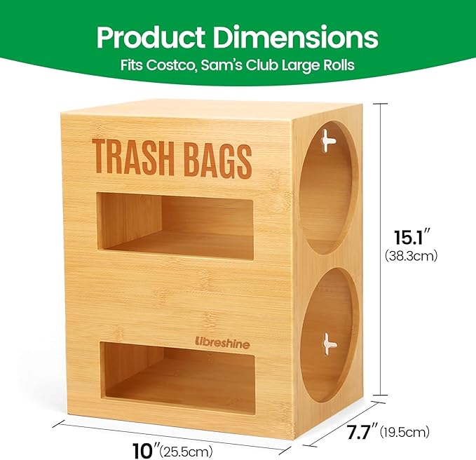 Extra Large Bamboo 2-in-1 Trash Bag Dispenser & Roll Holder – Fits Costco Kirkland & Members Mark Jumbo Rolls, Wall/Under-Sink/Cabinet Mountable, Dual-Slot Storage for 2 Rolls