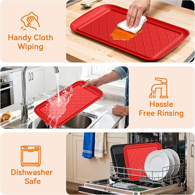 Serving Trays for Party - Set of 4, Large Serving Platters for Raw and Cooked Food, Dishwasher Safe, 17×10.5-inch Stackable Plastic Party Supplies for Grilling, BBQ, Meal Prep (Red, Black)