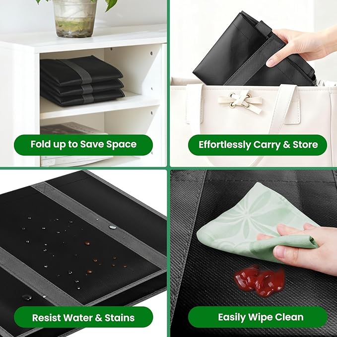 SpaceWhisper Reusable Grocery Bags with Long Handles [10 Pack] - Multipurpose Large Shopping Bags for Groceries, Foldable Grocery Totes Resist Water & Stains for Kitchen, Car Trunk, Picnic (Black)