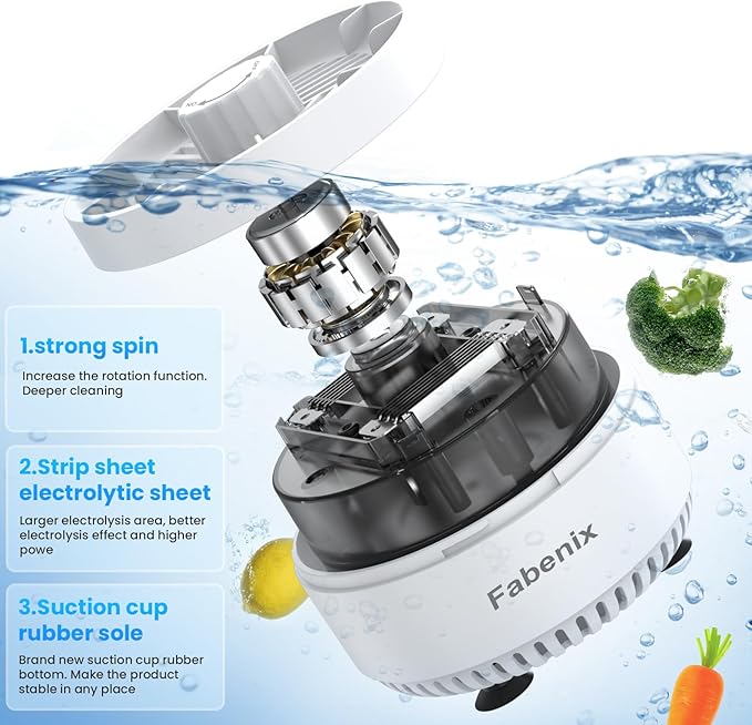 Fruit and Vegetable Washing Machine. Rotatable Fruit and Vegetable Purifier. The Fruit Cleaner Device Automatically Turns on in The Water. Use Water Rotator and OH ion Purification Technology
