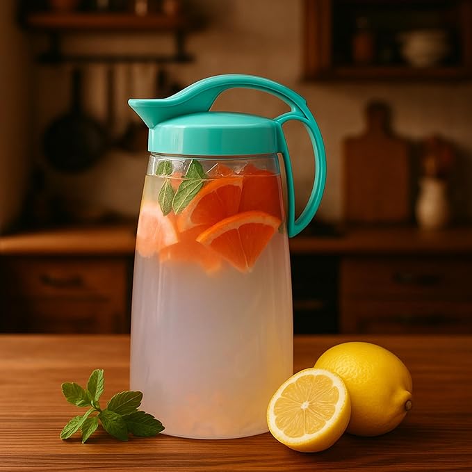 Airtight Slim Fridge Water Pitcher with Lid, 74 oz (2.3 Qt) Space Saving Refrigerator Door Jug, Leakproof Easy Pour Spout Beverage Tea Container, BPA-Free SAN Plastic, Made in Japan (Turquoise)