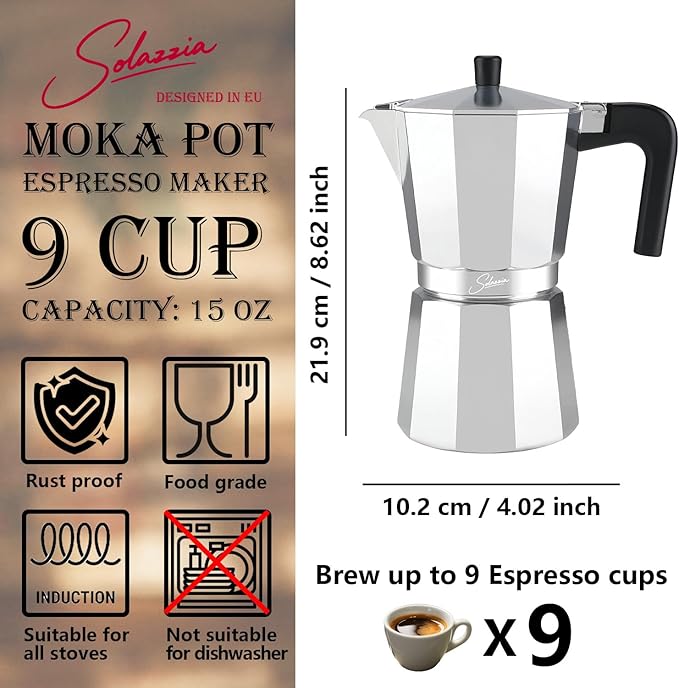 9 Cup Stovetop Espresso Maker Italian Moka Pot, Stove Top Cuban Coffee Maker, Greca Mocha Pot(Basic, 15 oz/450ml)