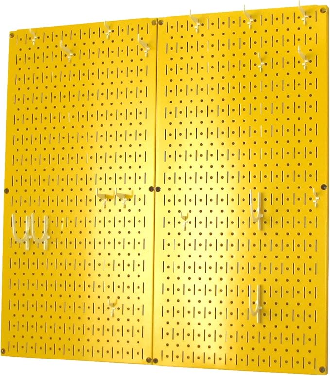 Wall Control Kitchen Pegboard Organizer Pots and Pans Storage Rack Organization Kit with Yellow Pegboard and White Accessories