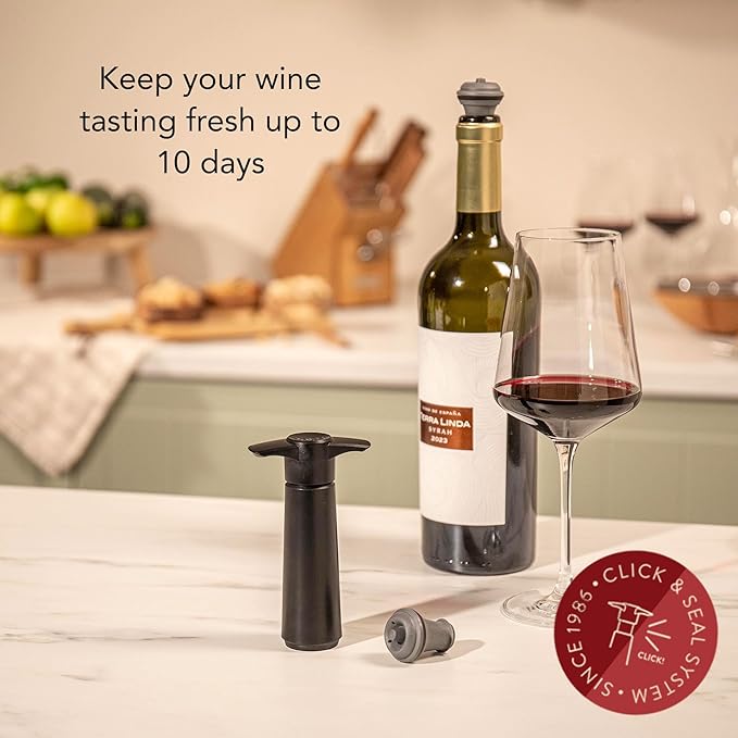 Vacu Vin Original Wine Saver with 1 Vacuum Bottle Stopper – Wine Preserver Pump for Red or White Wine – Manual Air Remover System – Airtight Seal – Keep Wine Fresh Longer – Black