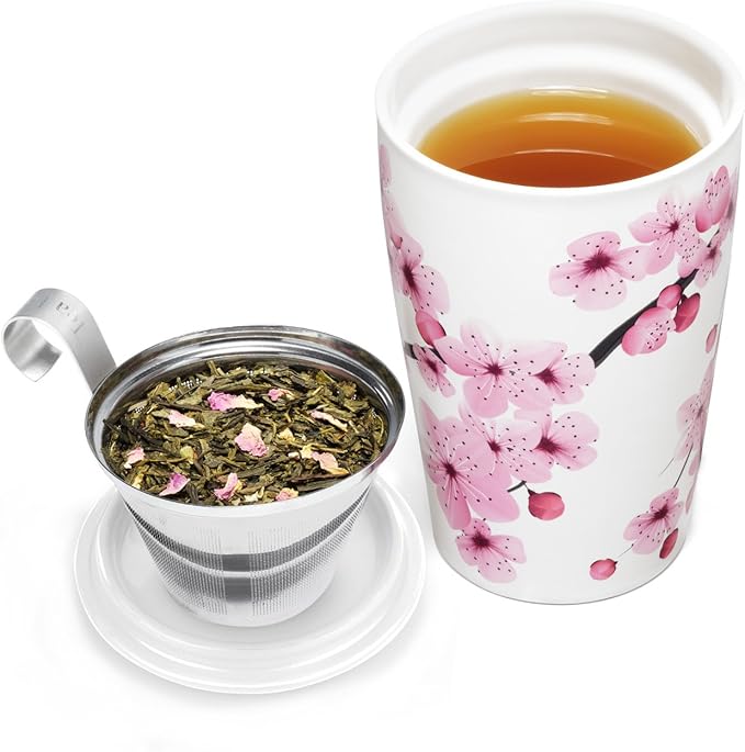 Tea Forte Double-Walled Ceramic Kati Cup, Removable Stainless Steel Infuser Basket and Lid, Steeps 12 oz Loose Leaf Tea, Dishwasher & Microwave Safe, Gifts for Mom, Hanami