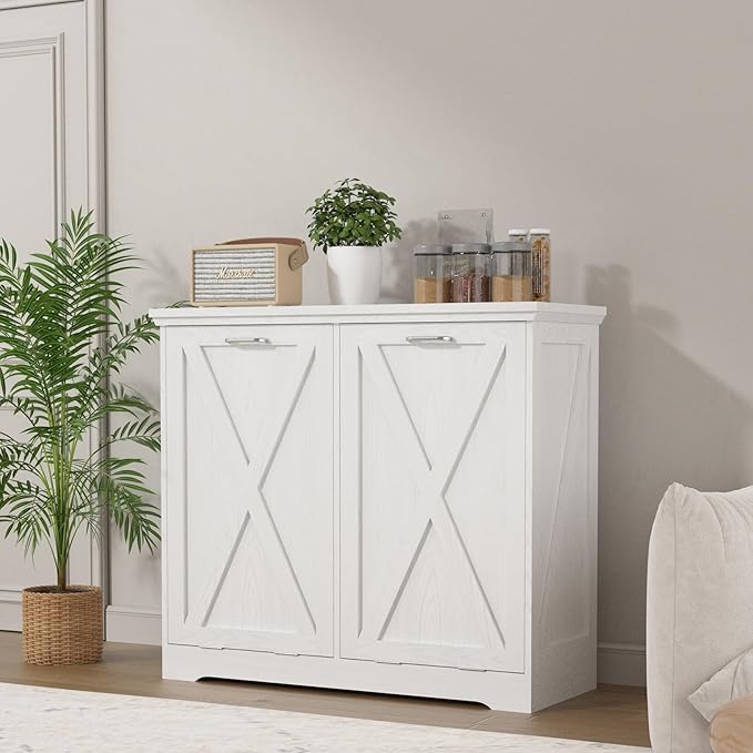 TOLEAD Tilt Out Trash Can Cabinet, 10 Gallon Kitchen Trash Cabinet Hidden Trash Can with Deodorizing & Negative Ion Pet Proof for Kitchen,Dining Room, Living Room,Double White