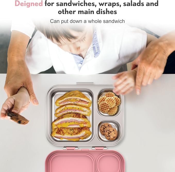 Howeemo Stainless Steel Bento Box Kids, Leak Proof Metal Bento Lunch Box,3 Compartments 304 Stainless Steel Bento Lunch Containers for School and Office, BPA-Free(Pink)