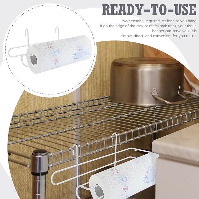 CroBlissful Paper Towel Holder for Wire Shelving 5'' D x 12'' W x 4.5'' H Hanging Paper Towel Holder Wire Shelf Accessories for Camp Dorm Laundry Room Stove Kitchen (White)