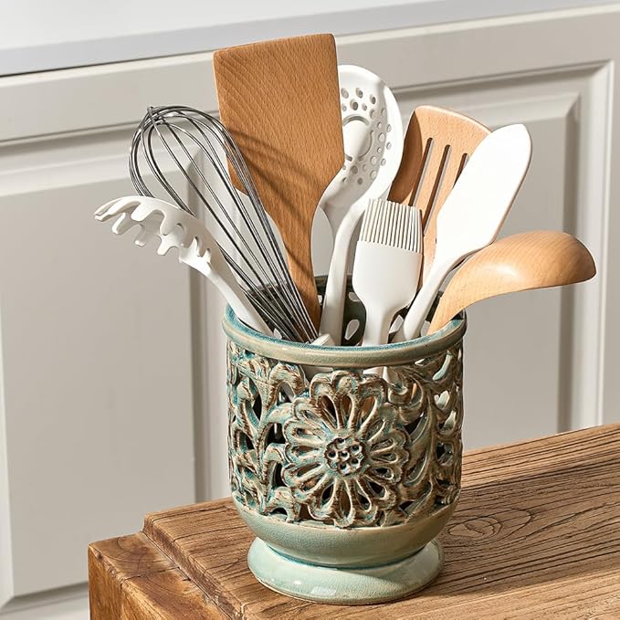 Farmhouse Kitchen Utensil Holder for Countertop, Ceramic Large Cooking Utensil Crock with Cork Mat, Decorative Rustic Utensil Holder for Kitchen Counter, Hollow Carving Flower, Blue