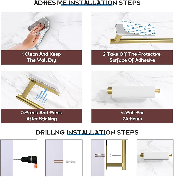 ASTOFLI Paper Towel Holder Under Cabinet No Drilling, Self Adhesive Paper Towel Holder Wall Mount for Kitchen Rack, Under Counter Napin Holder No Drill, RV, 304 Stainless Steel, Gold Brass 2 Pack