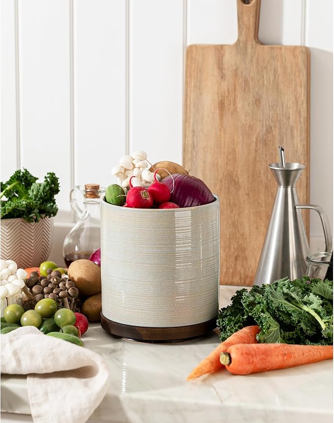Utensil Holder, 360° Rotating Extra Large Ceramic Kitchen Utensil Holder for Countertop, 7.3" Cooking Utensil Crocks with Rotatable Wooden Base, Farmhouse Decor, Dusty Green