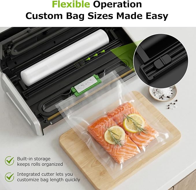 Bonsenkitchen Vacuum Sealer for Food, One-Hand Operation Food Vacuum Sealer Machine with Digital Timer, 0.2-inch Wider Seal, Built-in Cutter and Bag Storage for Meal Prep, 1 Roll Bag & 10 Pre-Cut Bags