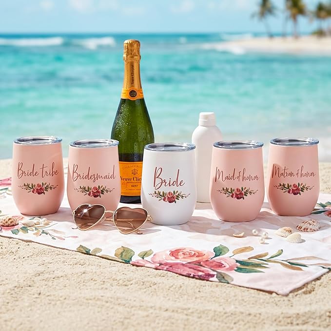 CARAKNOTS Maid of Honor Gifts Wedding Tumbler Bridesmaid Proposal Gifts Maid of Honor Wine Tumbler for Engagement Bachelorette Party Pink Stainless Steel Tumblers with Lid and Straw 12 oz