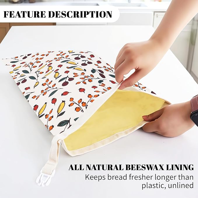 2 Pack Beeswax Bread Bags - 17x13 Inch Reusable Bread Storage Bags,Bees Wax Lined Bread Bags for Home Cooks fresh bread storage Easy Clean (Berry orange)