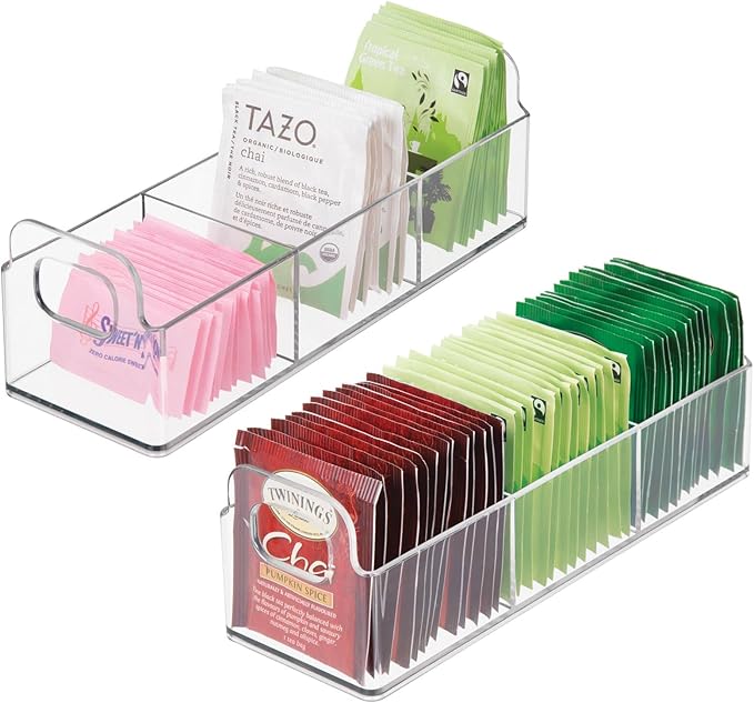 mDesign Plastic Condiment Organizer and Tea Bag Holder - 9" Long Kitchen Pantry/Countertop Storage Caddy - Divided Chip, Snack, Granola, Oatmeal Packet Holder - Lumiere Collection - 2 Pack - Clear
