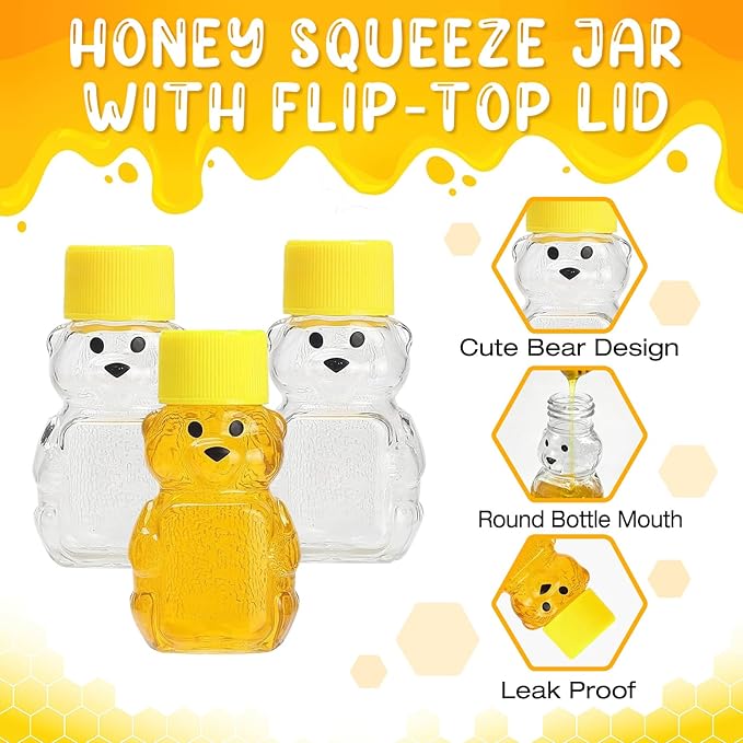 36 Pcs Honey Bear Bottle, 2oz Plastic Honey Squeeze Bottle Honeybear Squeeze Jars, Cute Mini Empty Container with Yellow Flip-top Lid for Syrup Sauce Juice Storing and Dispensing